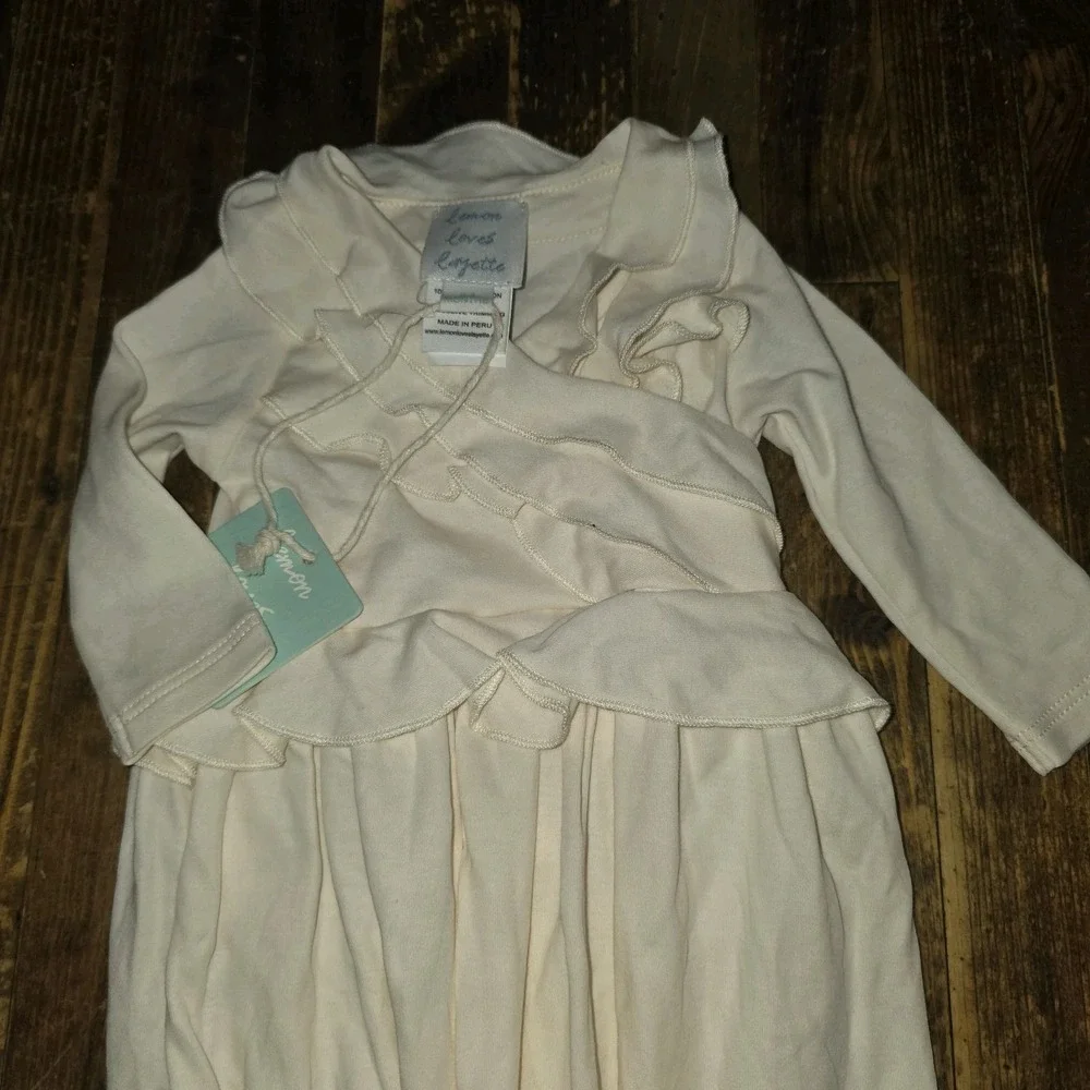 NEW Lemon Loves Layette Gown One-Piece Sz 0-3 Mo Beige Newborn Hospital Outfit